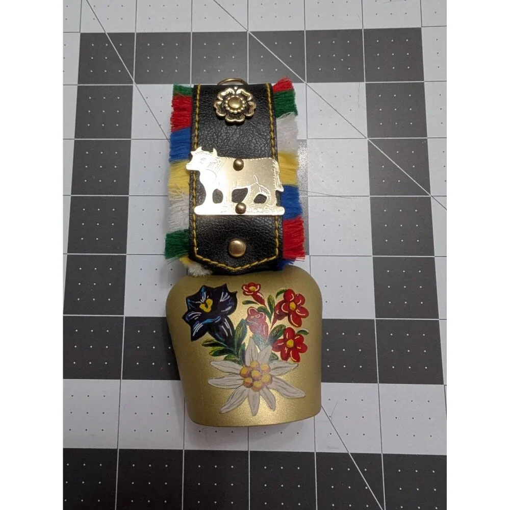 Cow Bell Brass painted wild flowers faux leather‎ colorful cow charm 6 inch